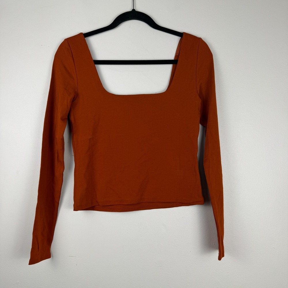 Vince Top Womens Small Brown Pima Cotton Long Sleeve Square Neck Casual Pullover